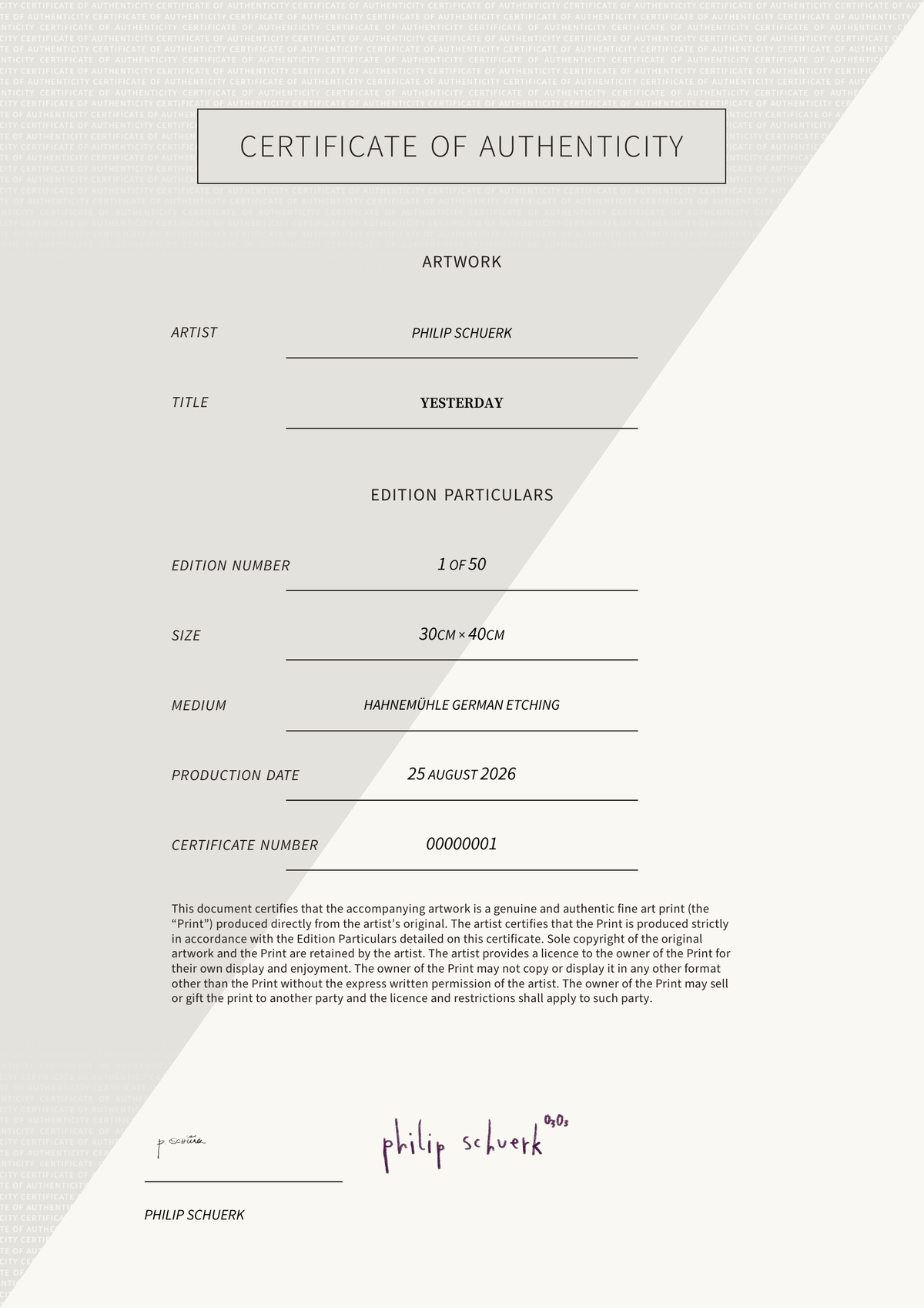 Yesterday — Certificate of Authenticity